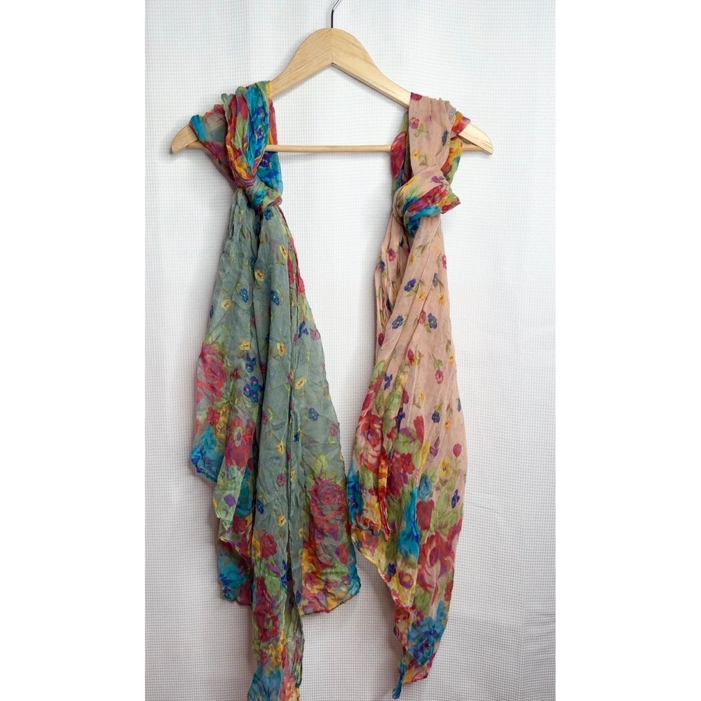 Bundle 2 Chic Floral Scarfs Lightweight Multi Color Sheer Gauze Bohemian Wrap